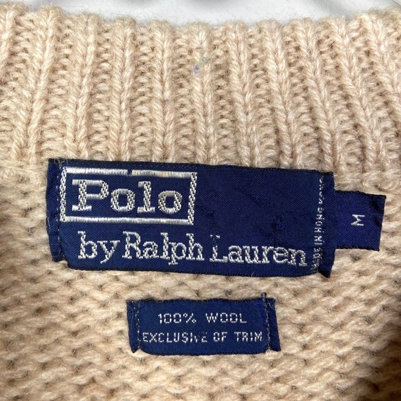 Polo Ralph Lauren Pullover M 100% Wool Rib Knit Sweater Leather Elbow Oatmeal - Picture 4 of 10